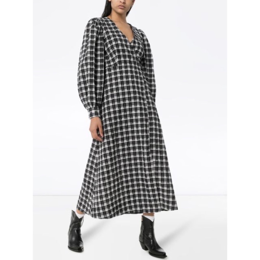 GANNI Checked cotton-blend seersucker midi wrap dress FR36/US4